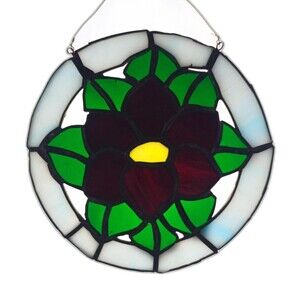 Stained Glass Panel Wall Hanging Window Decor 7 in Diameter Flower Blue Circle